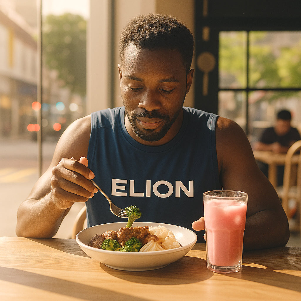A person eating nutritious healthy meal with elion drink img science elion