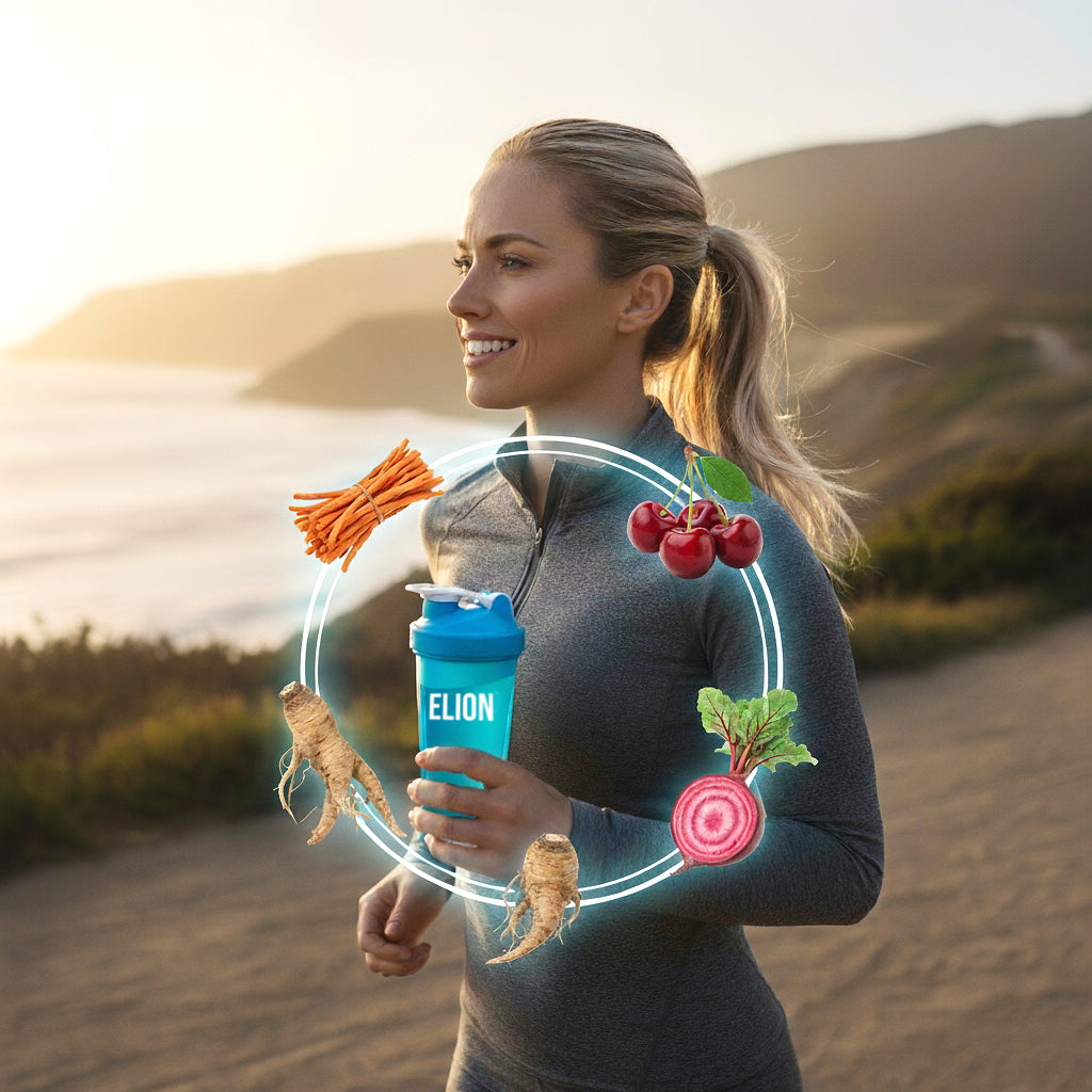 A woman is happy with performance after drinking elion img science elion